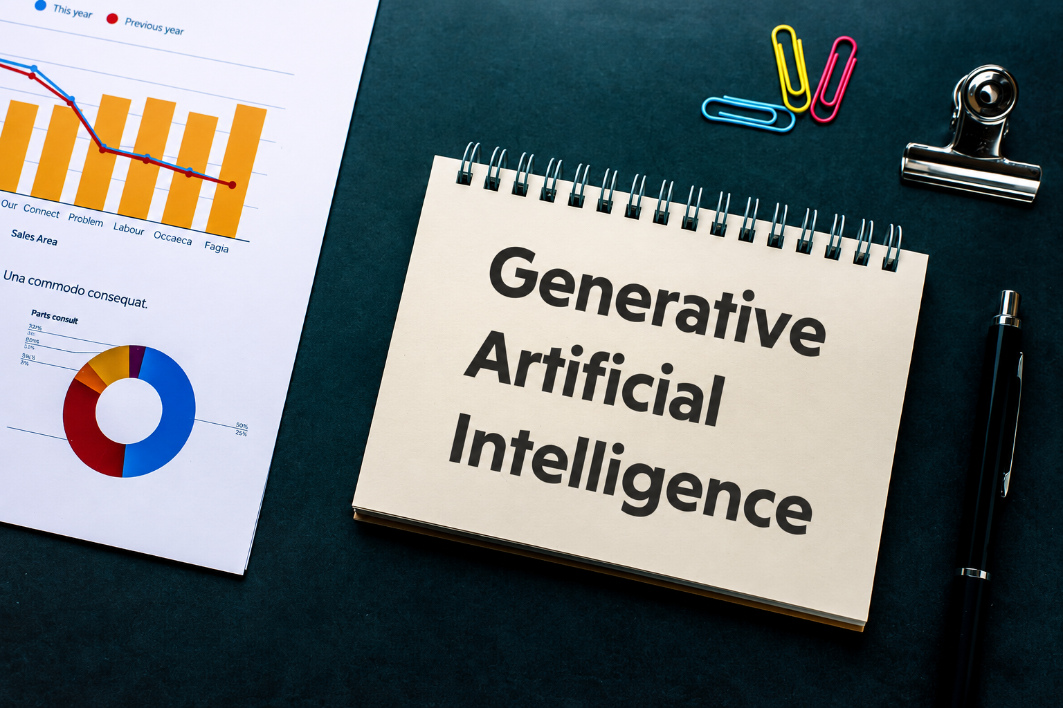Notebook labeled “Generative Artificial Intelligence” on a desk beside charts and paper clips