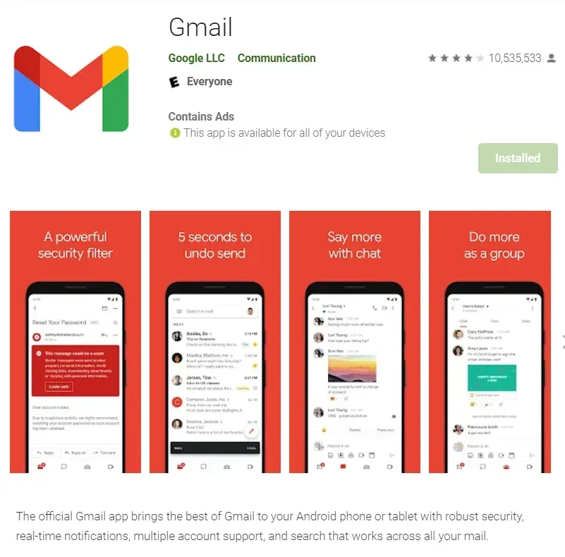 Downloading Gmail on Google Playstore