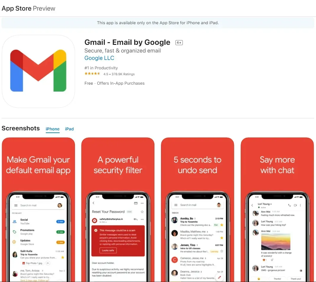 Downloading Gmail on the App Store