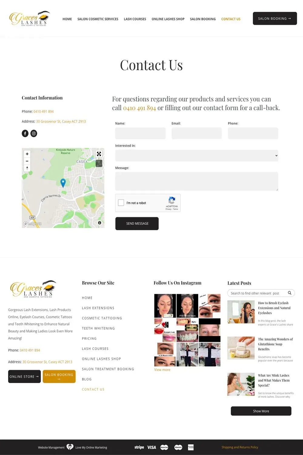 Grace's Lashes contact us page preview