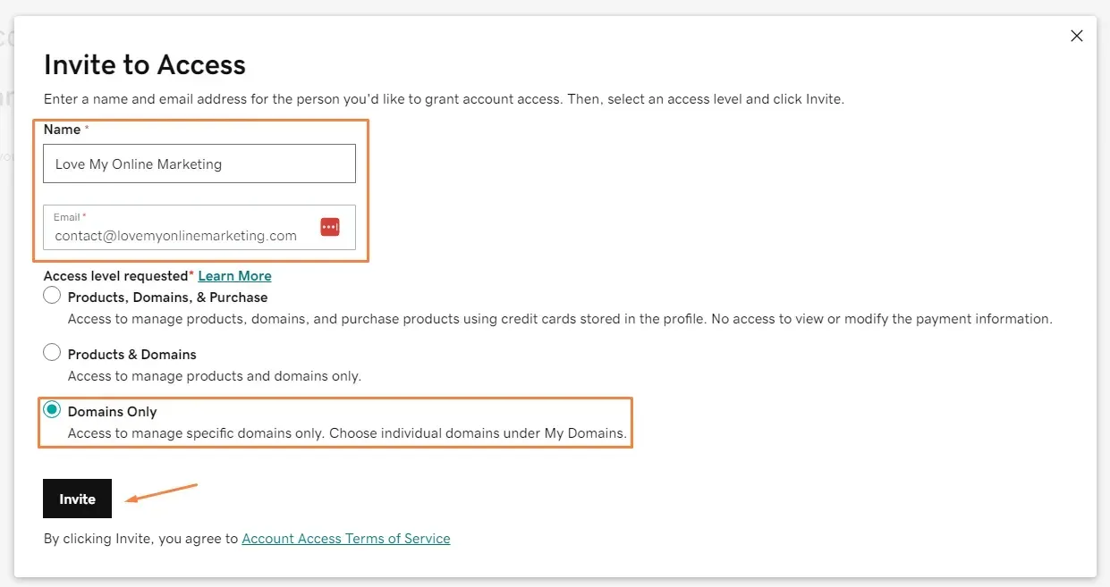 sending an invite to access