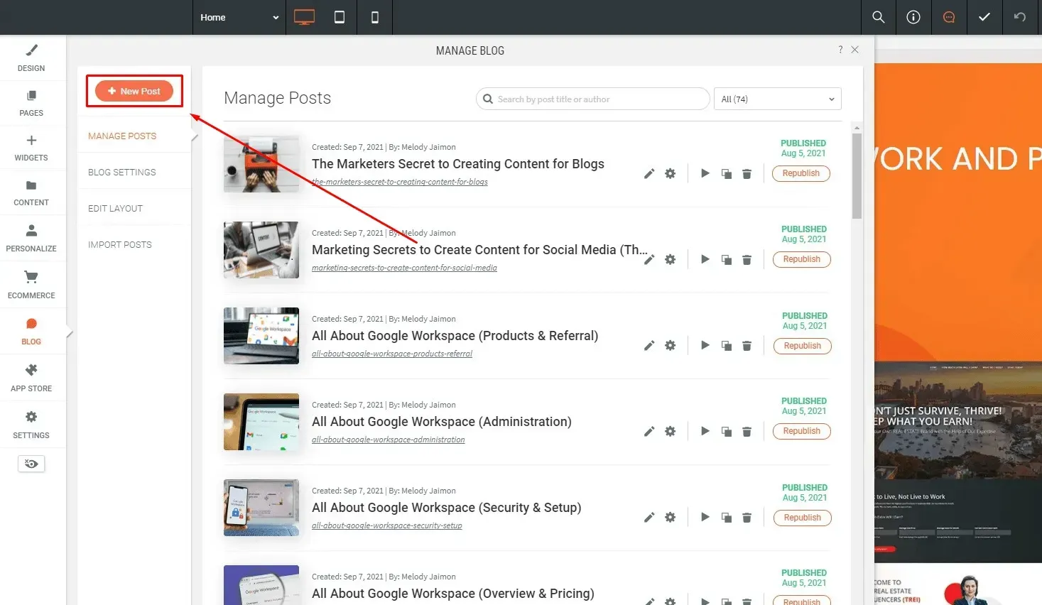 the add new blog post button