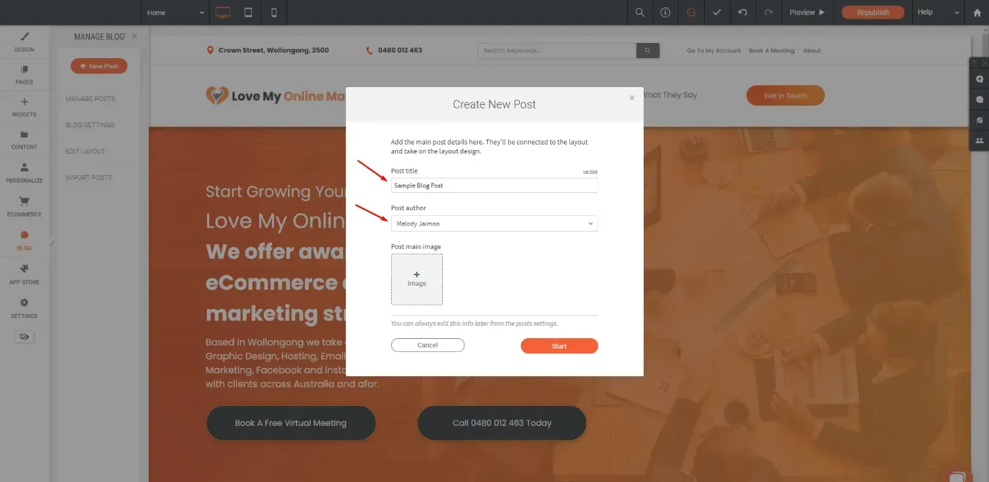 the blog post title and author fields