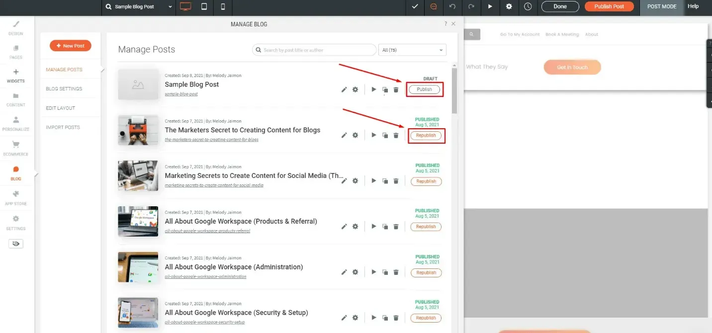 the publish and republish button