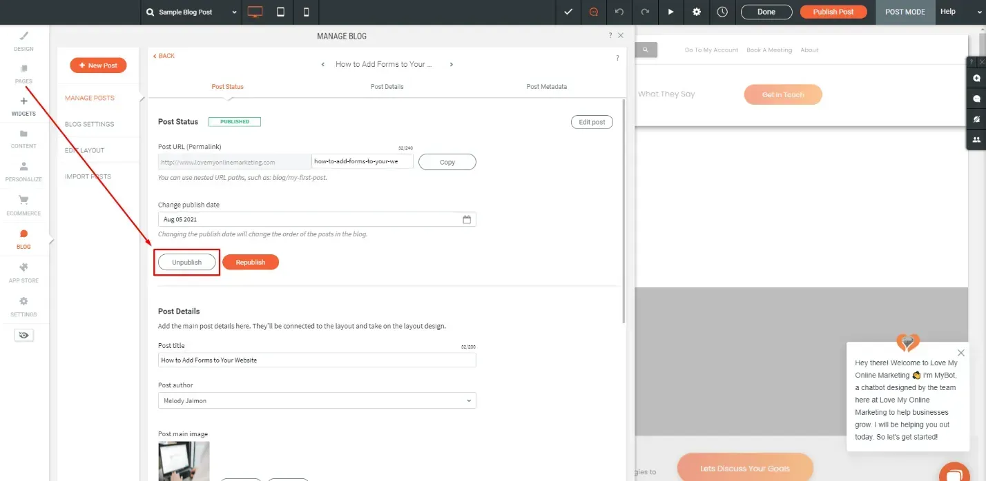 the unpublish button