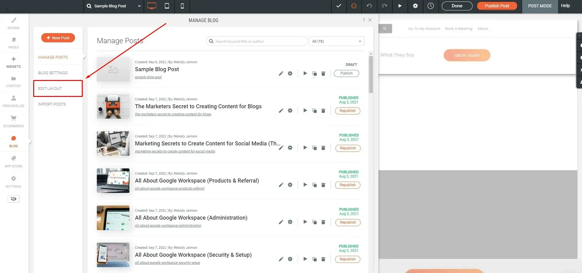 the edit layout tab