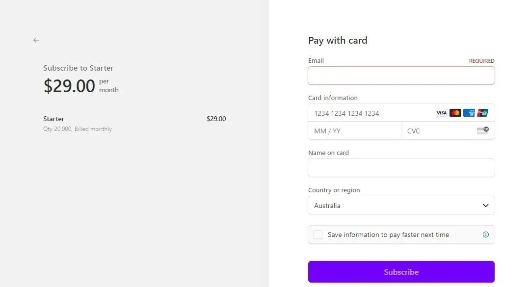 the part where you enter your card details to pay for your subscription