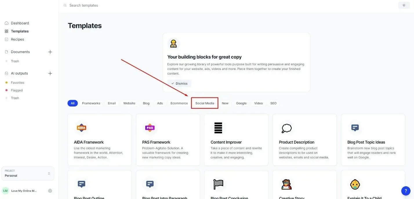 the templates section