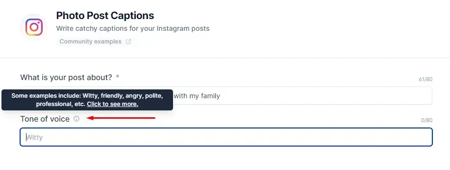 the information icon above the tone of voice input box
