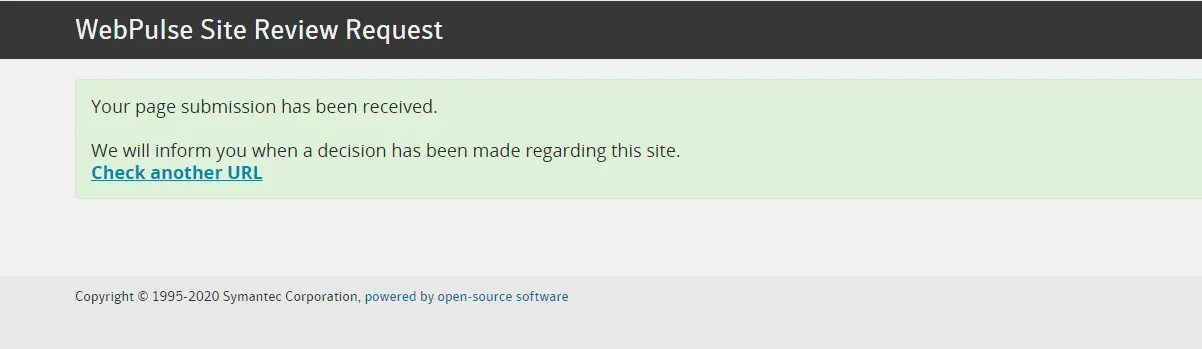 WebPulse Site Review Request successfully sent