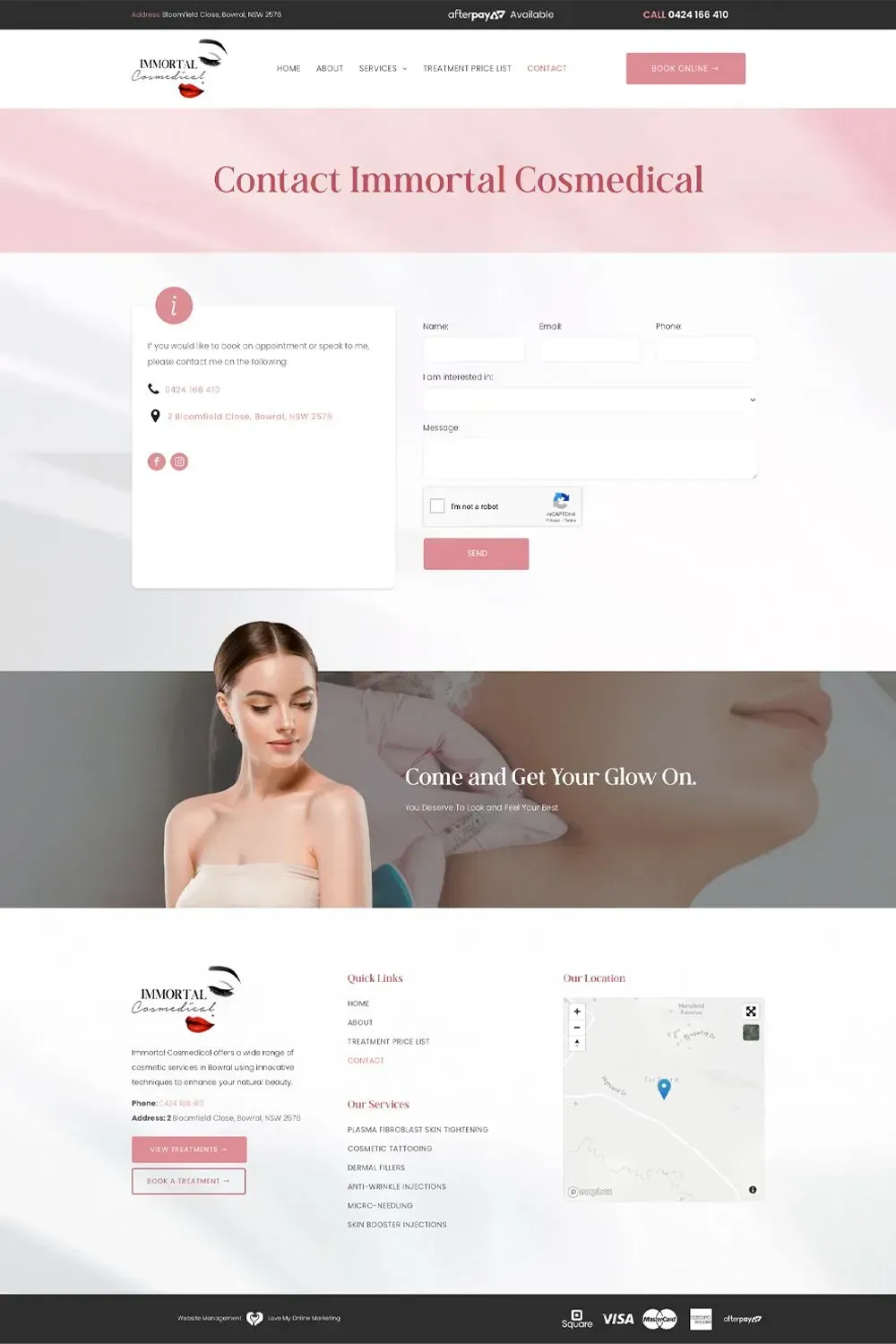 Immortal Cosmedical contact us page preview