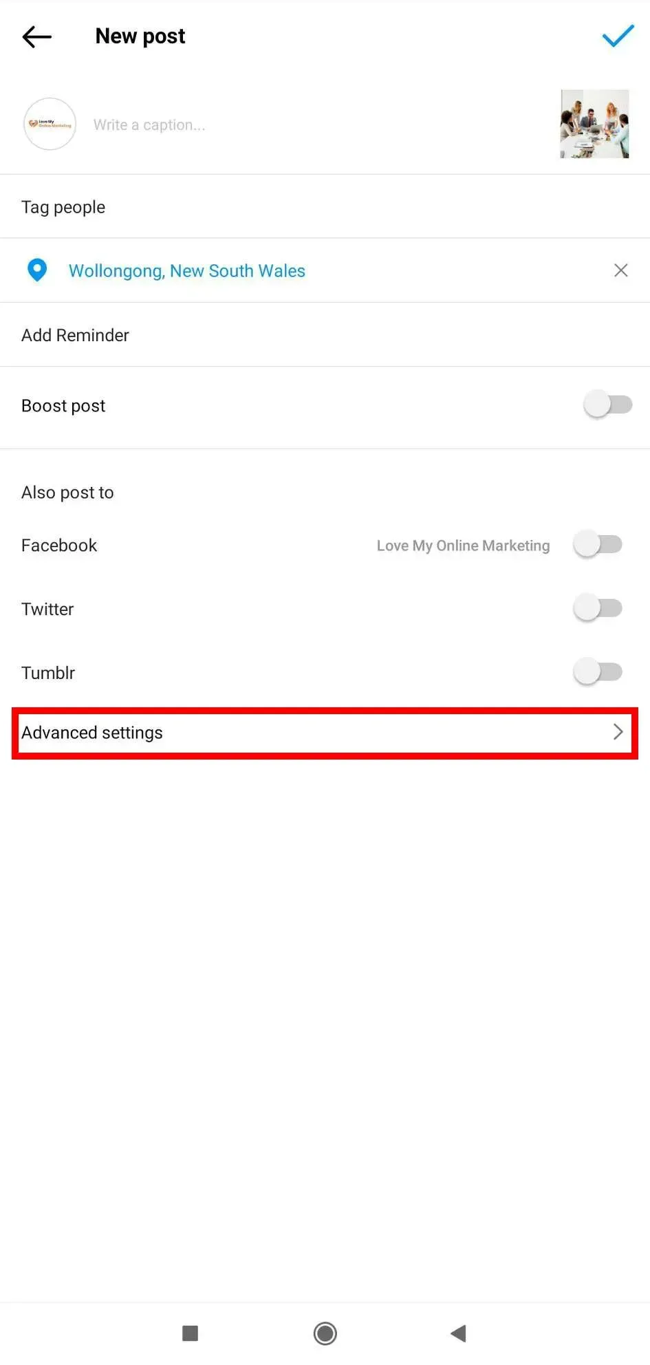 advanced post settings on Instagram