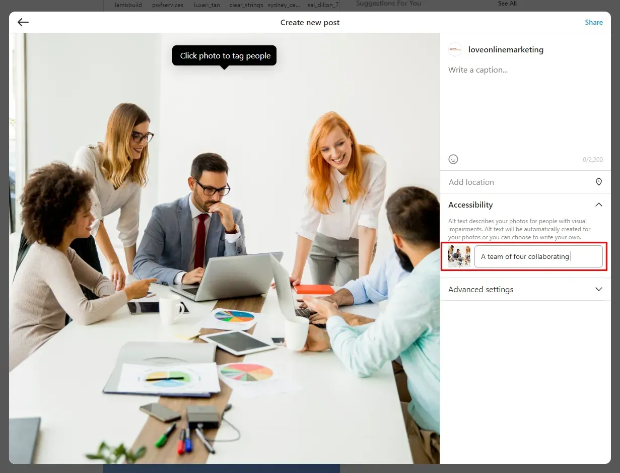 the field where you can add an alt text on desktop