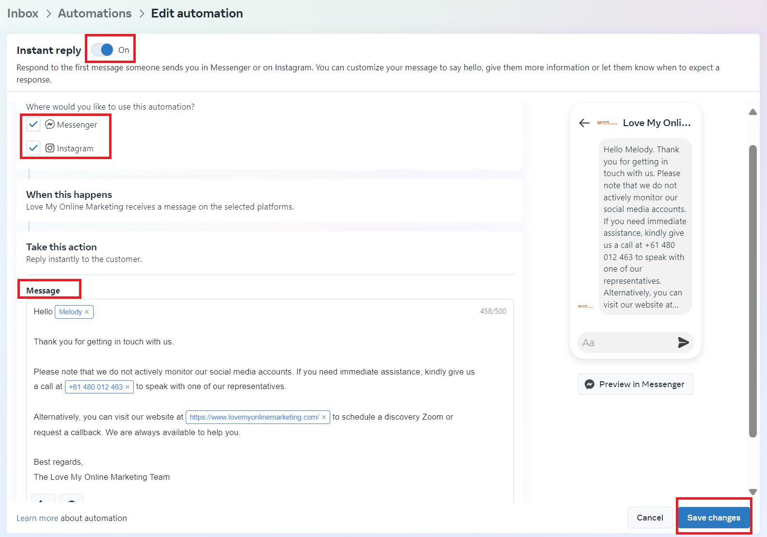 Edit automation of Facebook Messenger and Instagram auto-reply
