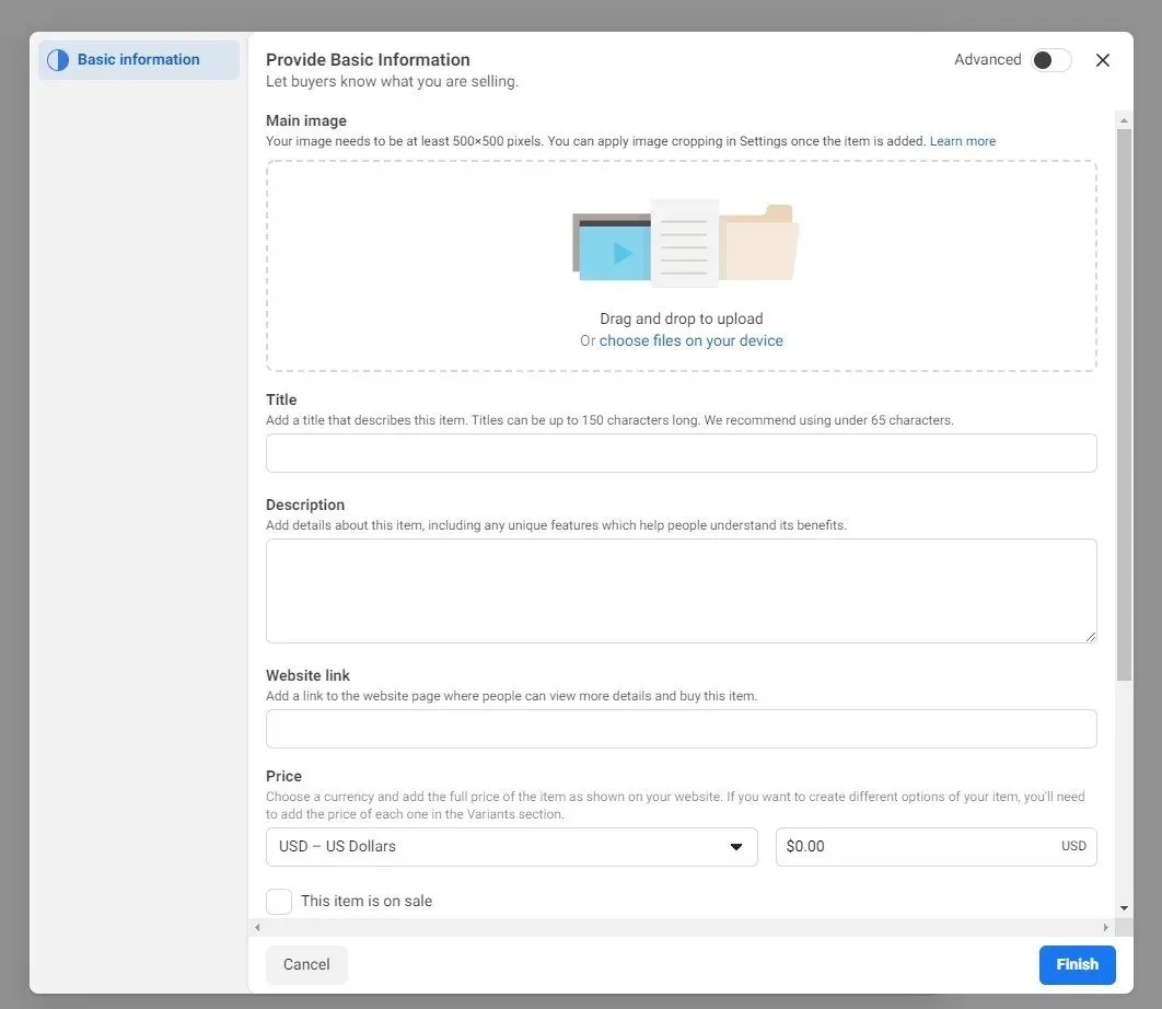 blank form for product information