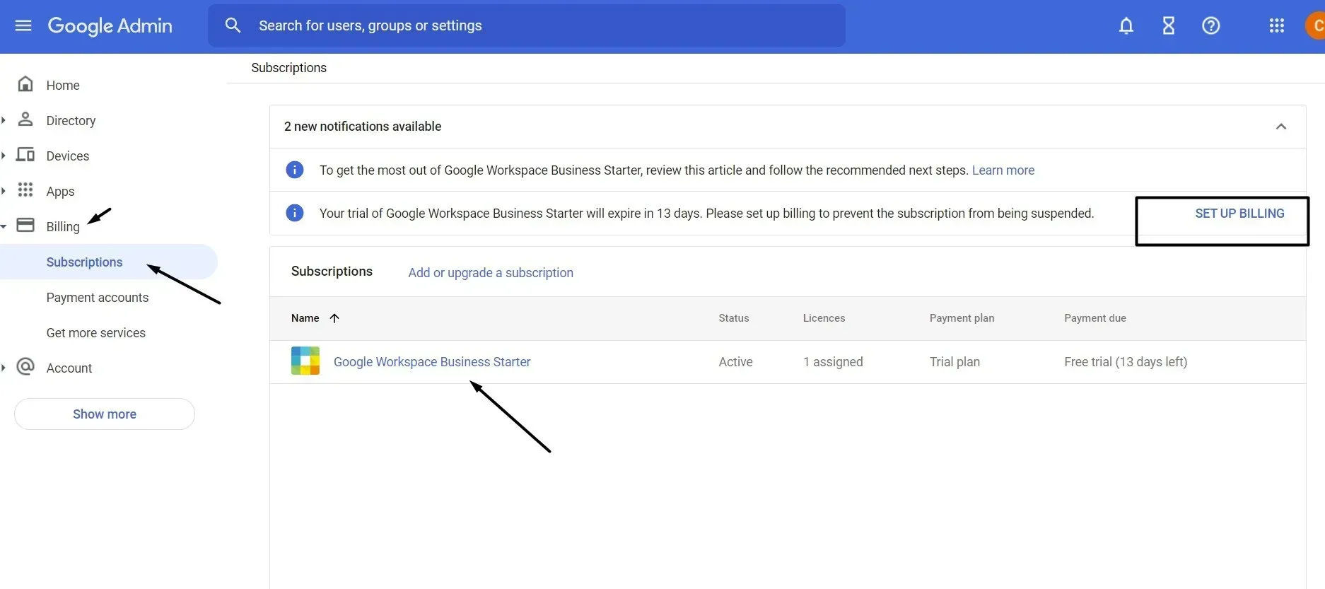 setting up billing on Google Workspace