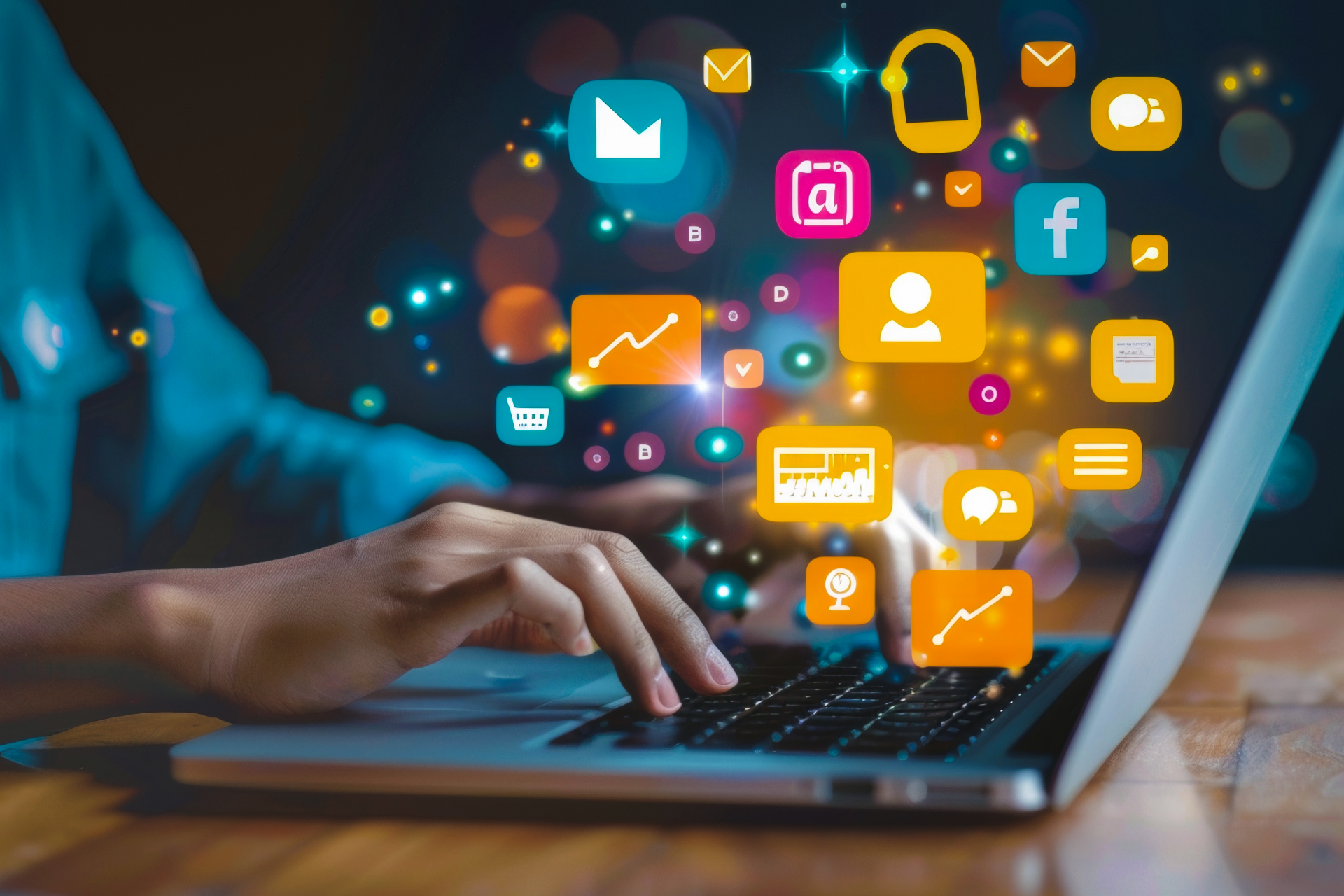 Hands typing on a laptop with colorful social media and communication icons floating above the screen