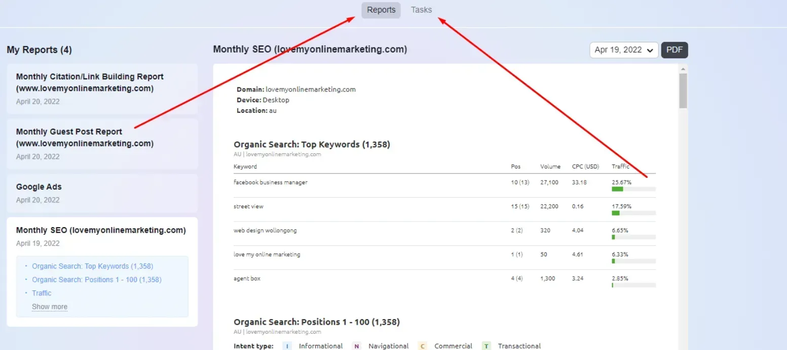 reports and tasks tab