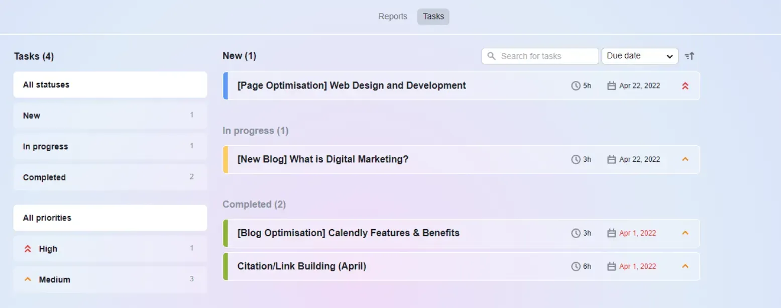 Client Portal tasks tab