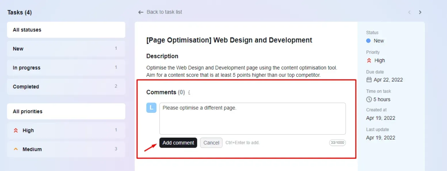 adding a comment to a task