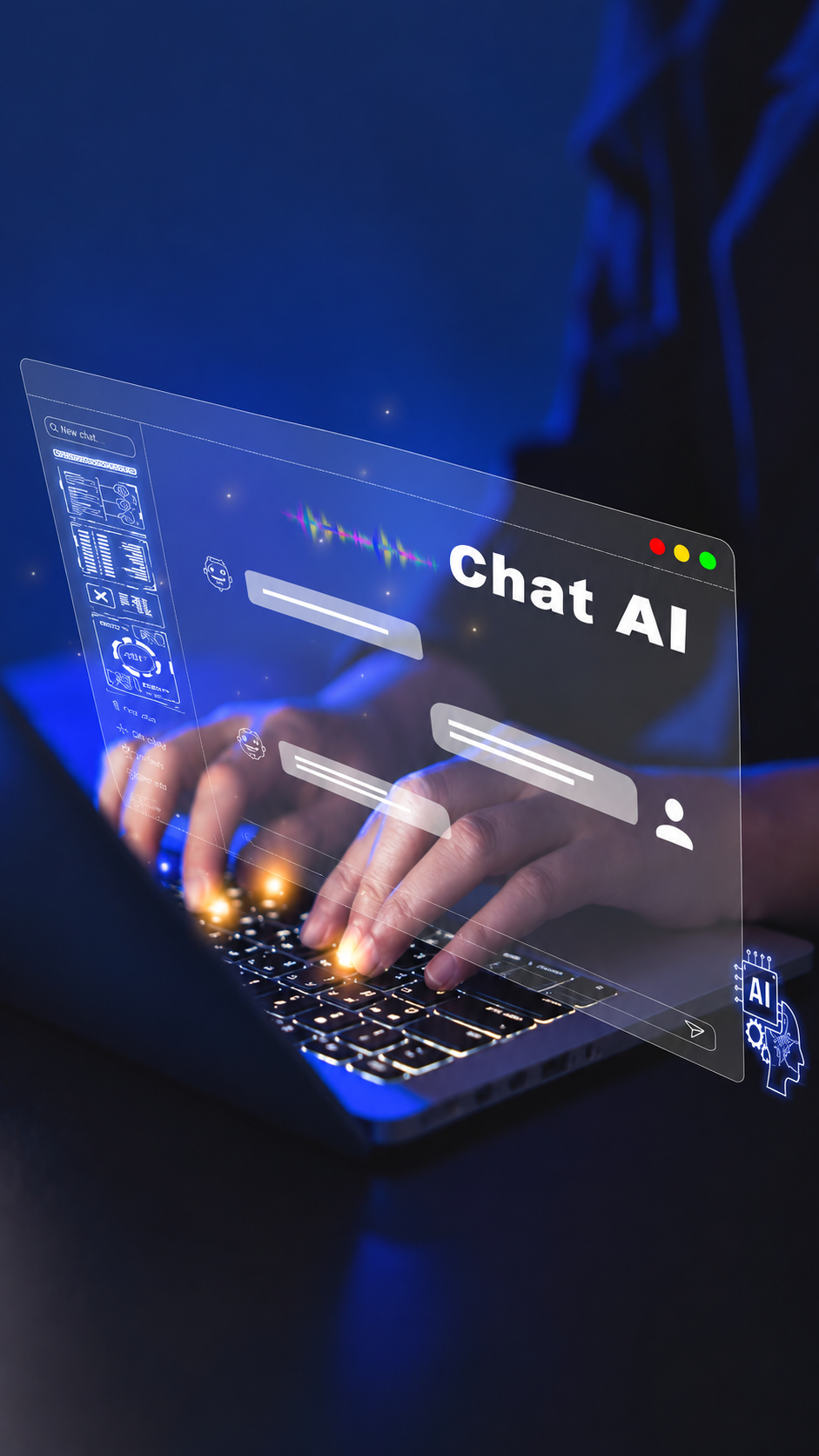 Hands typing on a laptop with a glowing blue chat AI interface overlay.