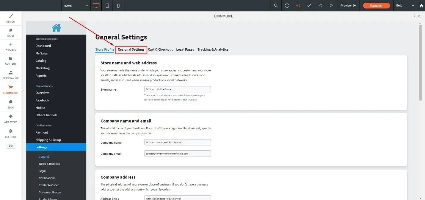 the Regional Settings tab
