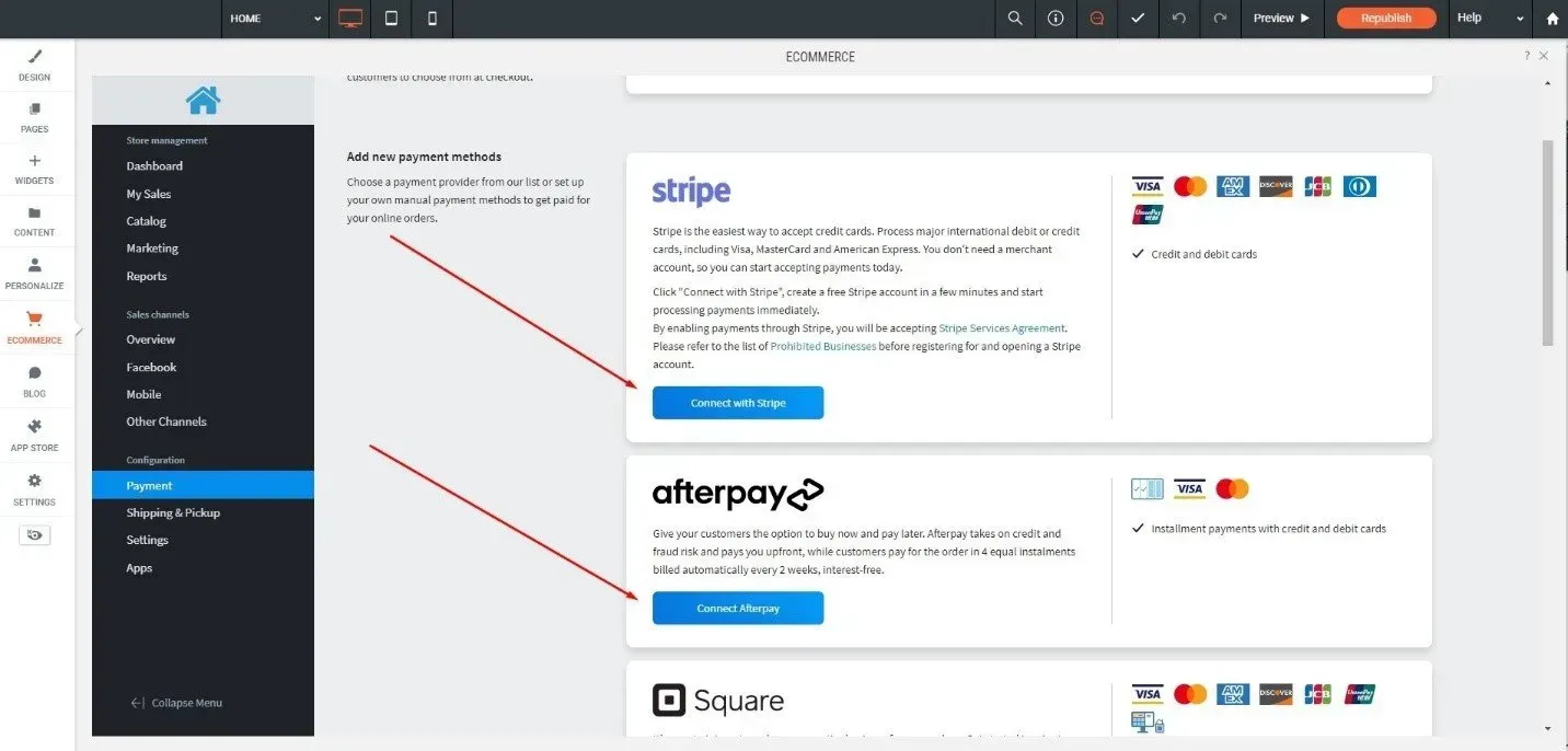 the Connect Payment Method buttons
