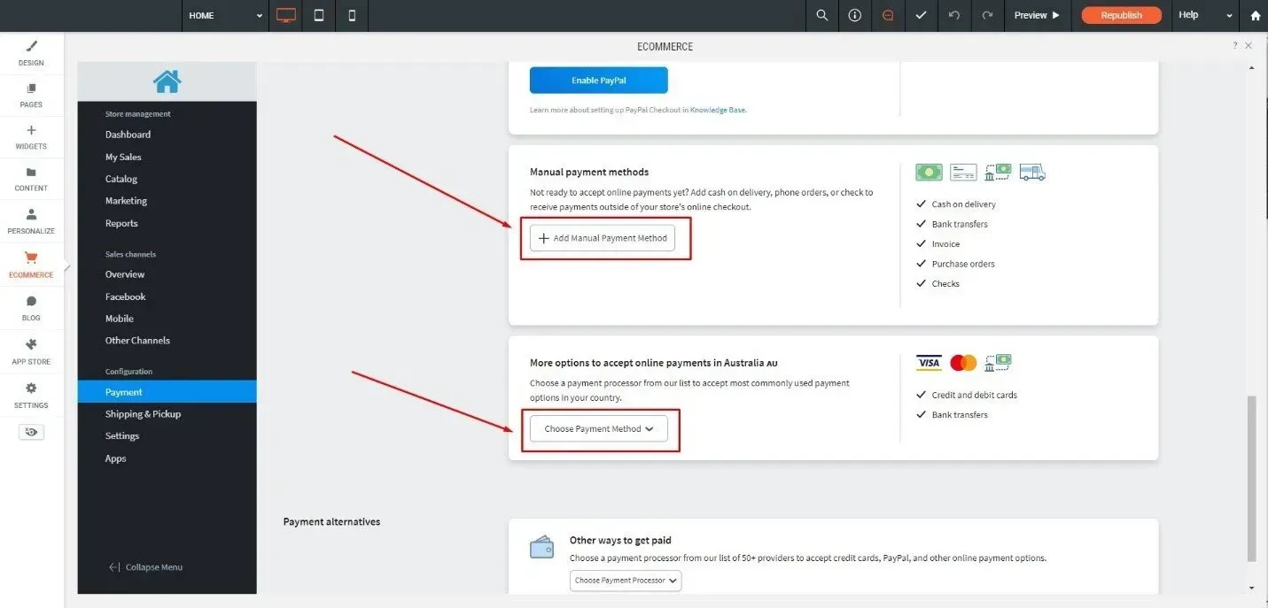 the buttons for adding and choosing payment methods