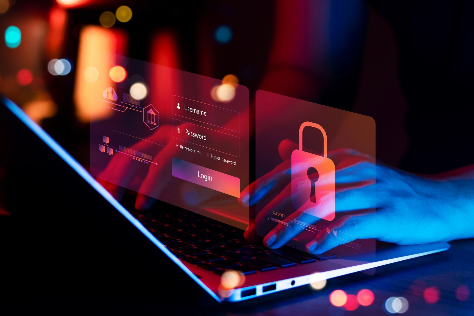 Hands on laptop keyboard with overlaid digital login and lock icons, in blue and red.