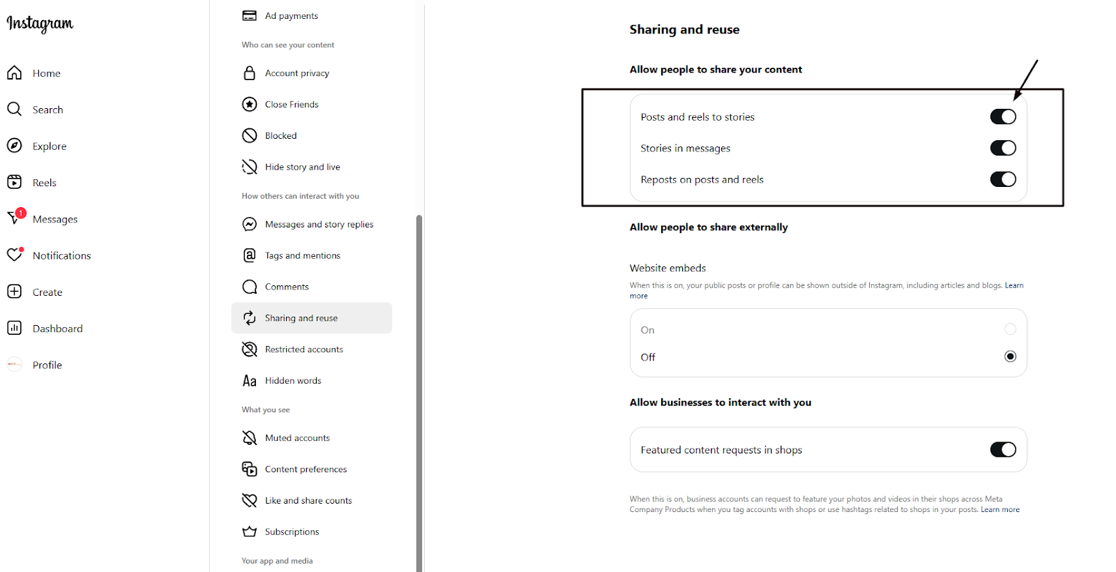 Instagram settings