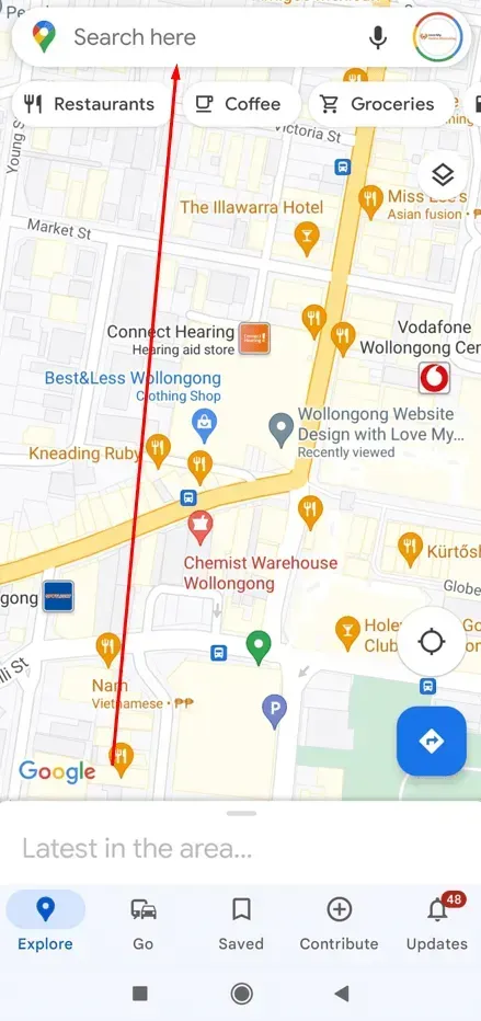 the search bar on the Google Maps app