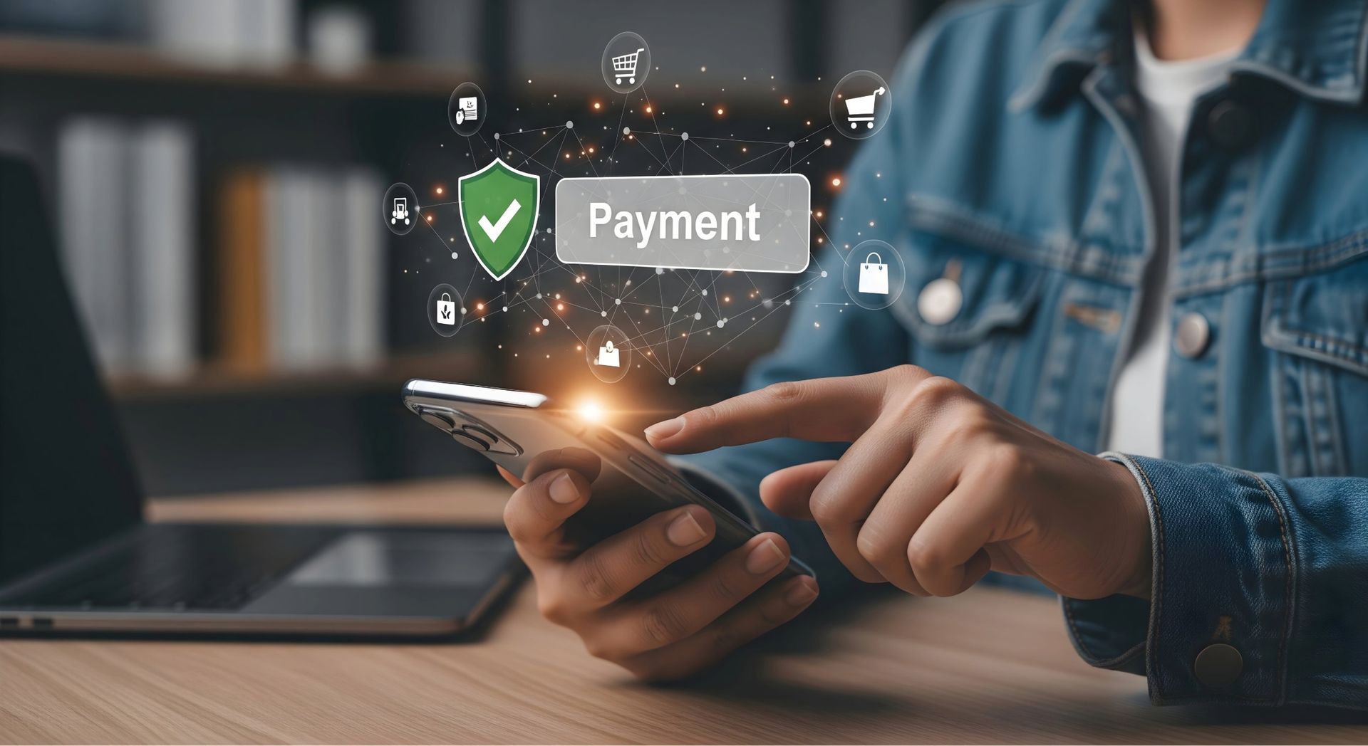 Person using a smartphone for online payment, glowing graphic overlay with payment confirmation and icons.