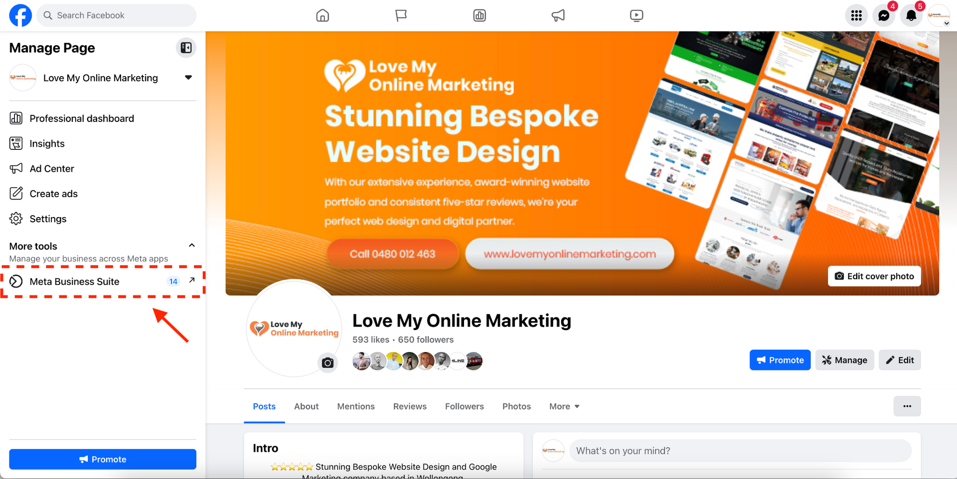 click Meta Business Suite of Facebook business page