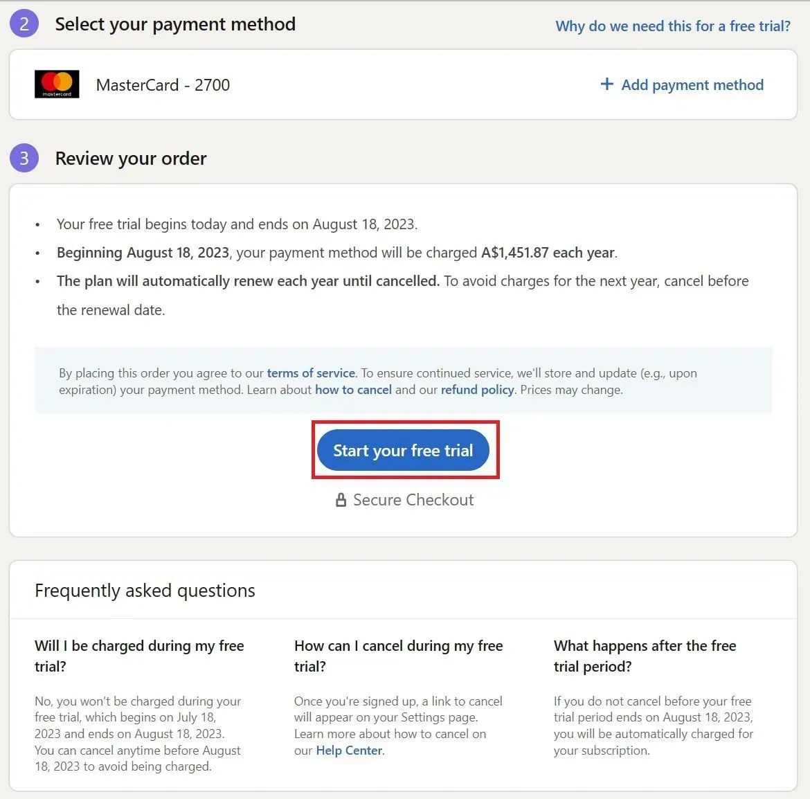 starting free trial