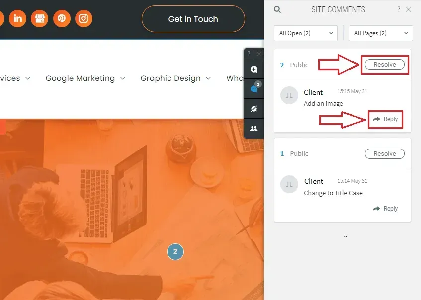 the Resolve and Reply buttons in the Comments Log function