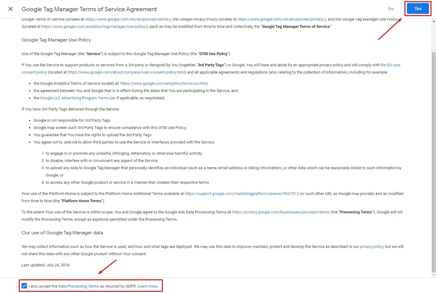 Google Tag Manager Terms of Service Agreement