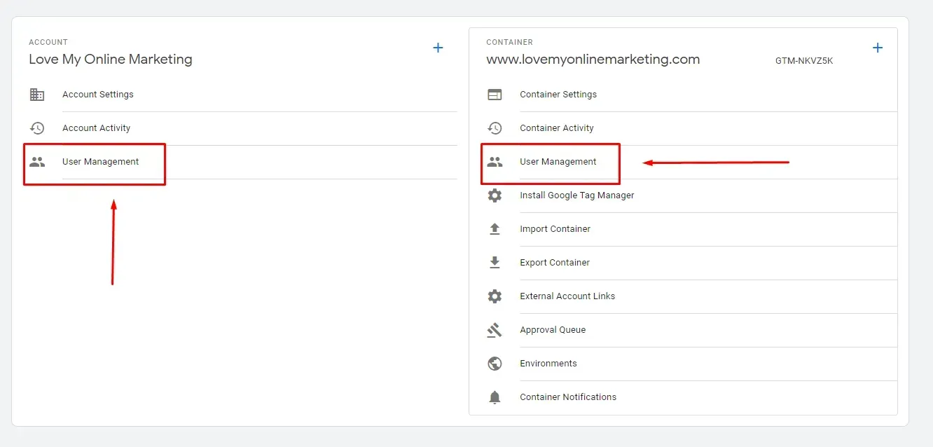 the user management option