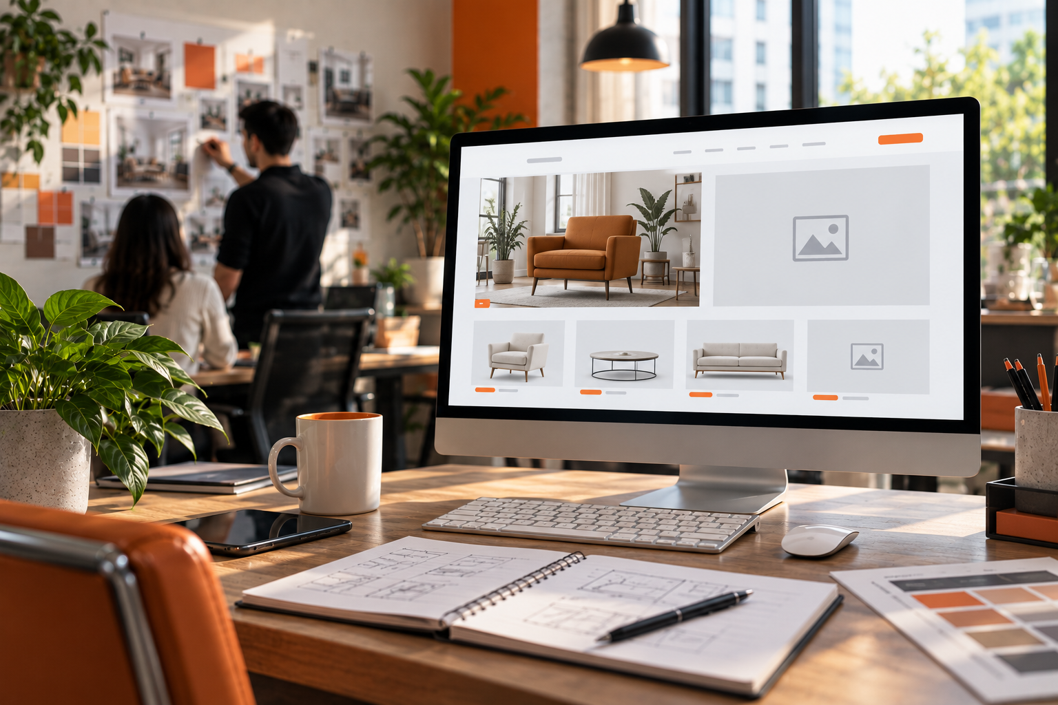 Workspace with desktop monitor showing a web design mockup, notebook, coffee mug, and plants on a wooden desk
