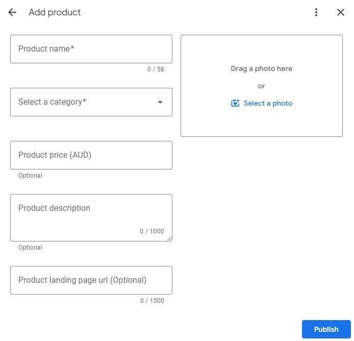 A screenshot of the add product page on google