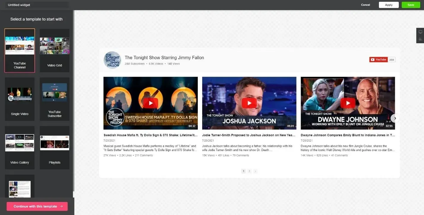 YouTube template selection