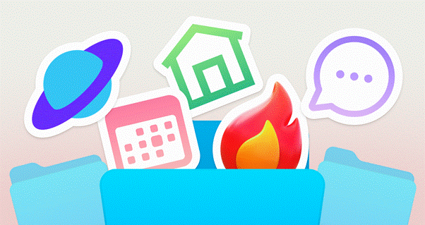 Icons of a planet, home, calendar, fire, and speech bubble above open blue folders.