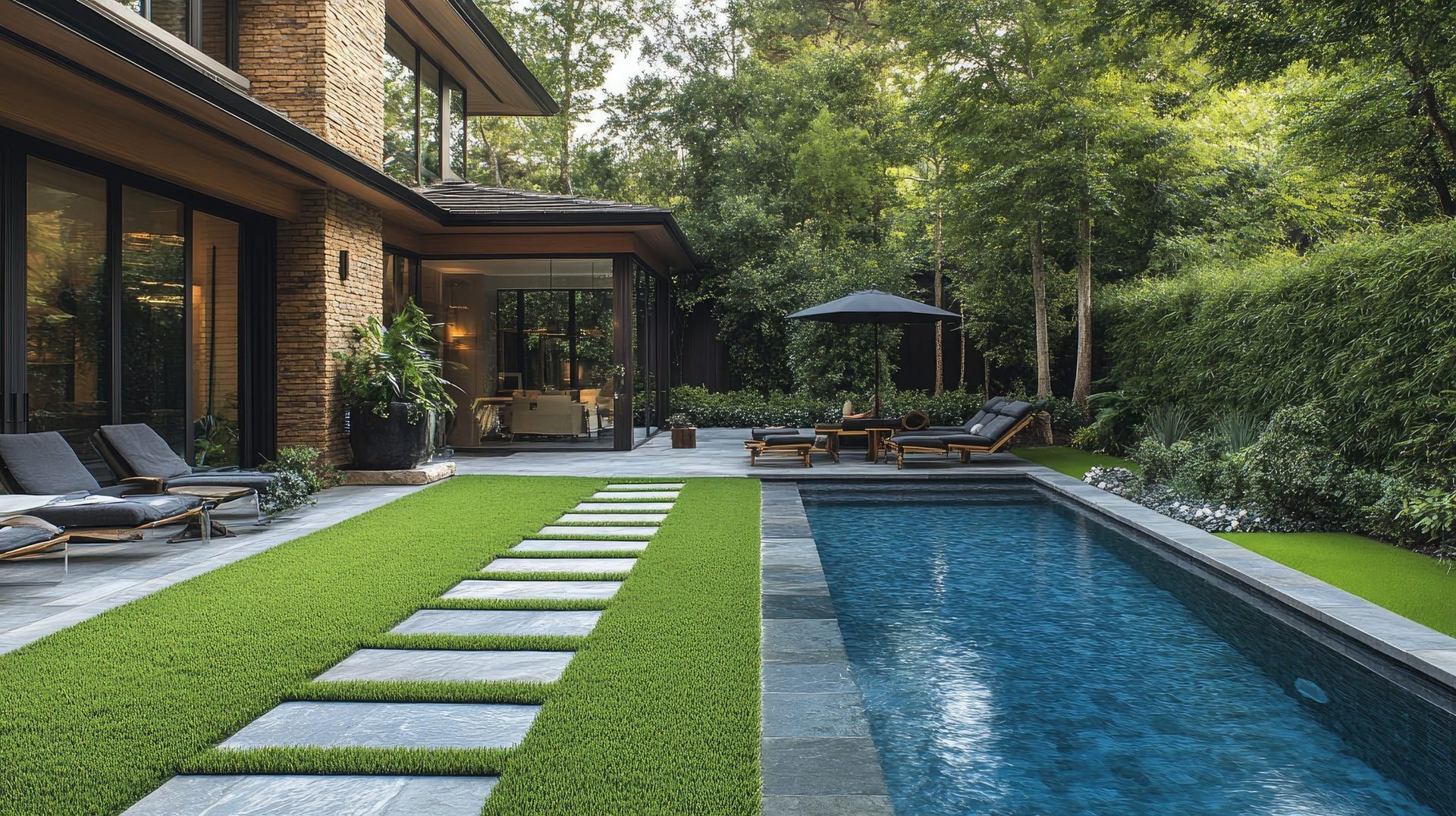 Modern backyard with pool, patio, and lush landscaping
