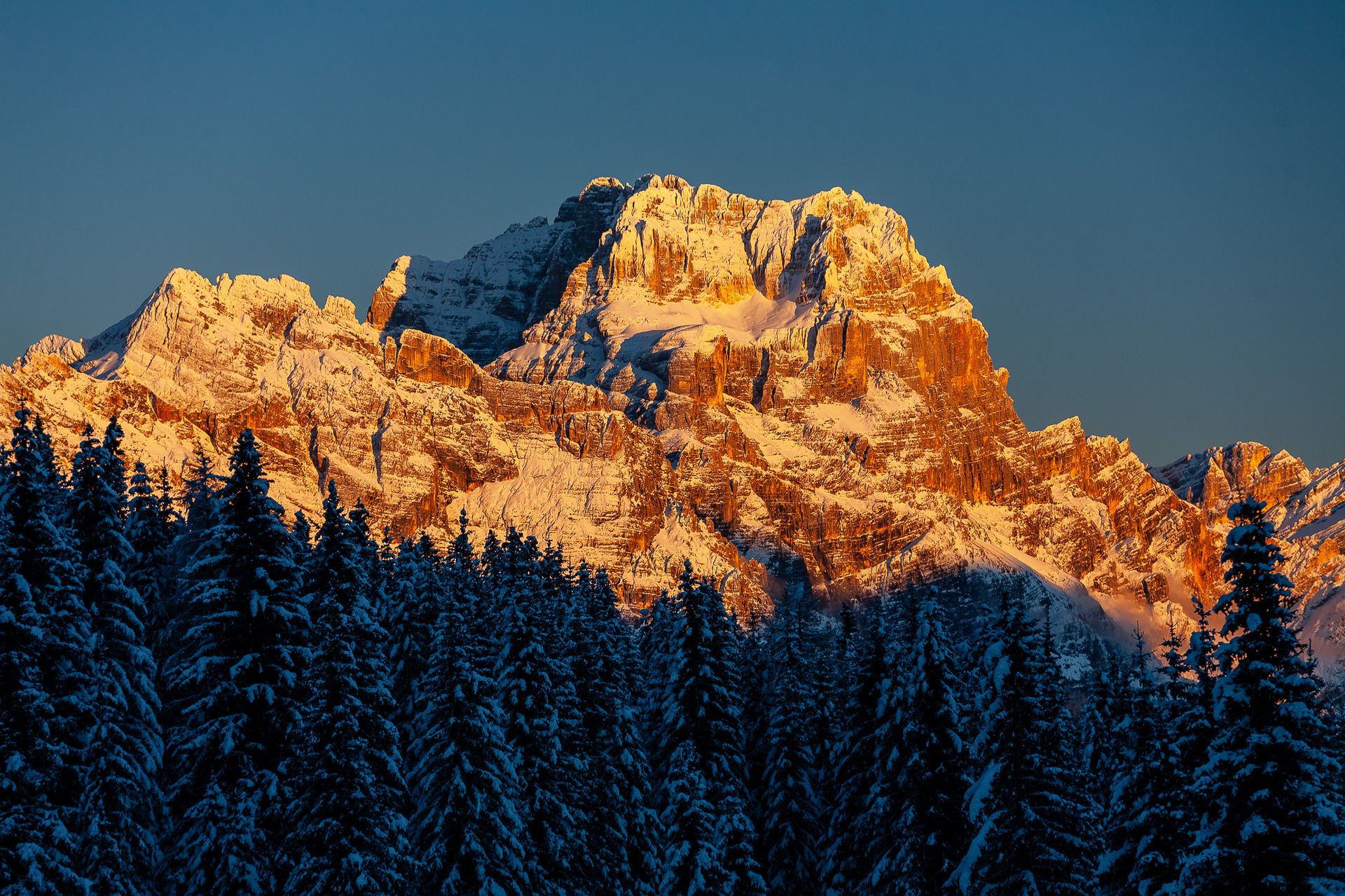 Ein schneebedeckter Berg mit Bäumen im Vordergrund