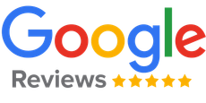 Google Reviews logo with blue, red, yellow, and green letters, gray text, and five gold stars.