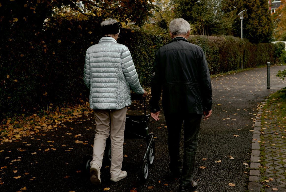 Two people walking a stroller along a tree-lined path in a park on an overcast day