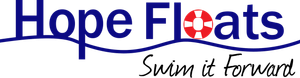 Hope Floats logo with blue text and a red-and-white lifebuoy in the “o,” plus the slogan “Swim it Forward”