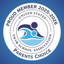 Swim School Association logo with swimmer icon and text: Proud Member 2025–2026, Parents Choice