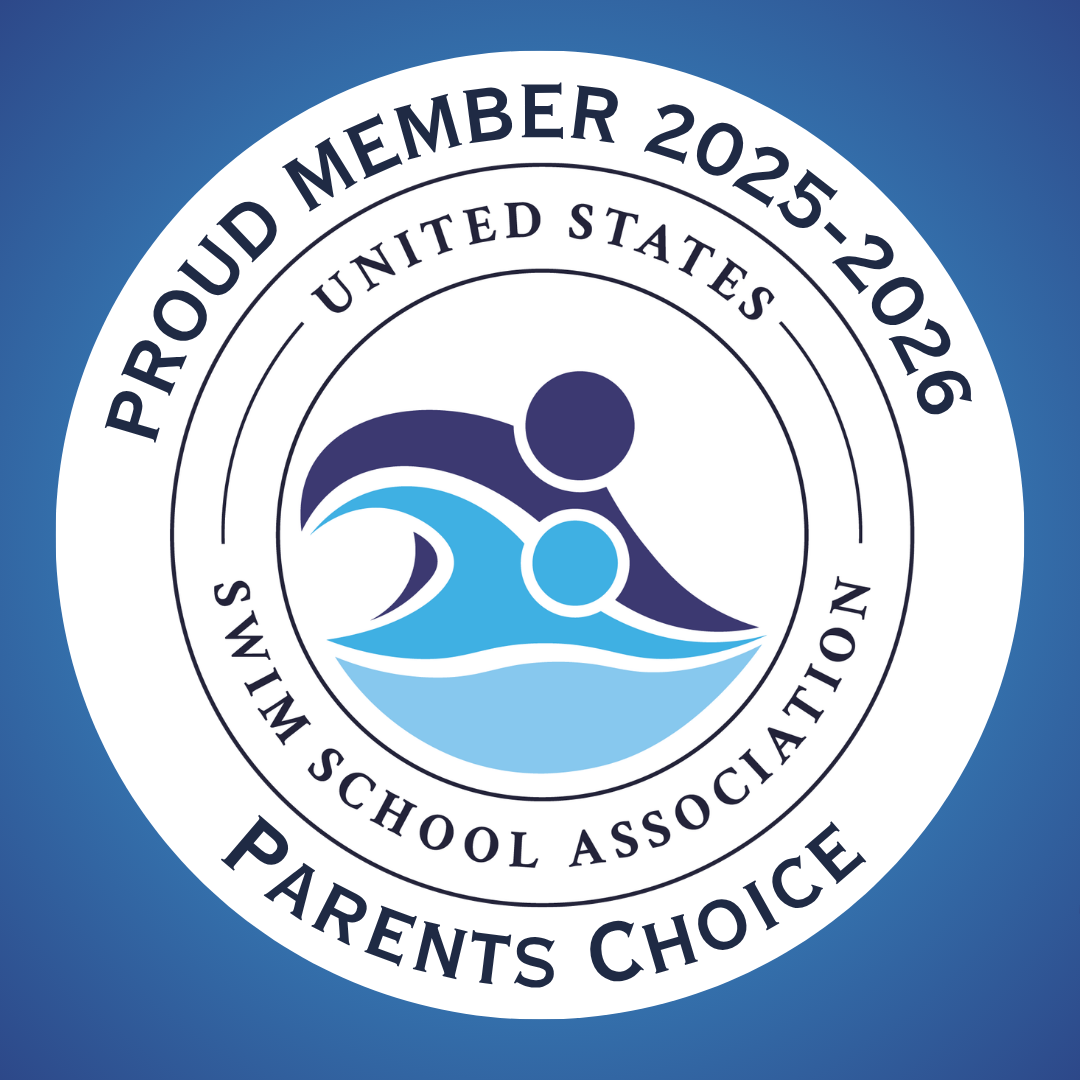 Swim School Association logo with swimmer icon and text: Proud Member 2025–2026, Parents Choice