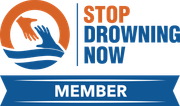 Stop Drowning Now member logo with orange and blue hand graphic and blue ribbon banner