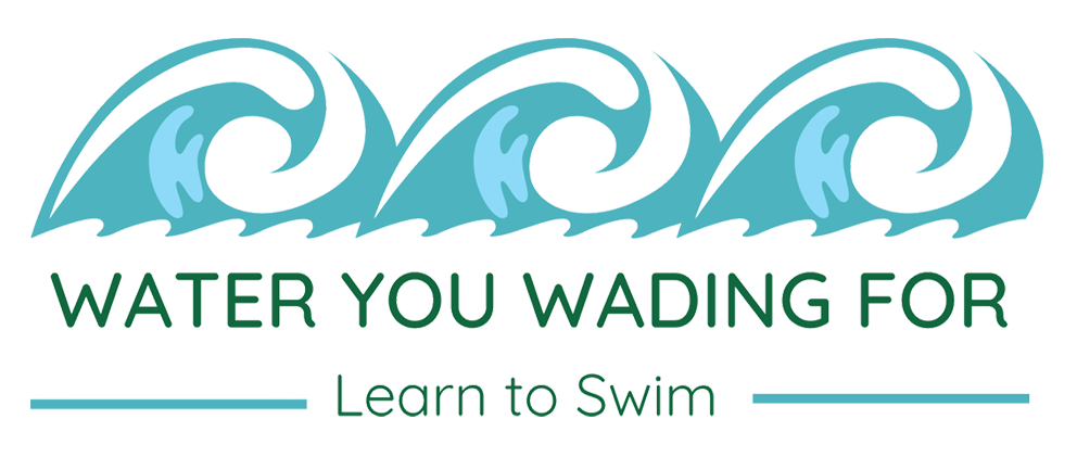 Water safety logo with teal waves and text “WATER YOU WADING FOR” and “Learn to Swim”